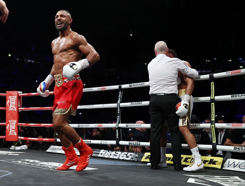 Kell Brook wheels away in delight after the referee stops the fight