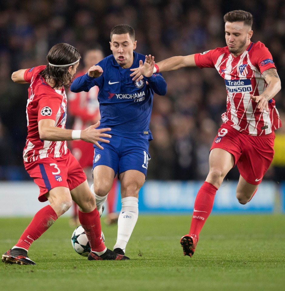 Saul (right) in action for Atletico Madrid against then Chelsea star Hazard