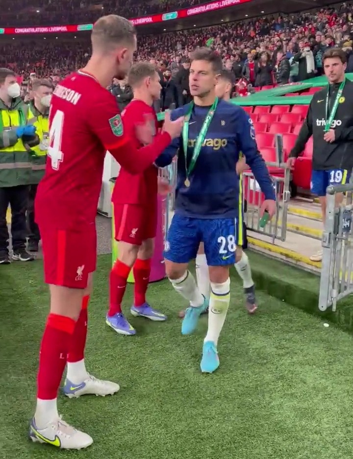 James Milner and Jordan Henderson consoled every Chelsea player before kicking off their Carabao Cup celebrations