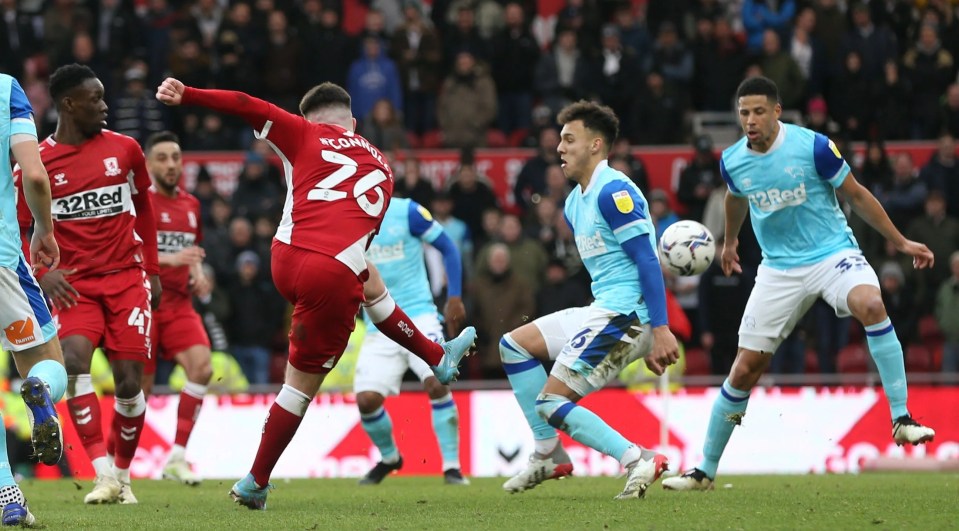 Aaron Connolly blasts the home side's third goal as Middlesbrough moved into the play-off spots with victory over Derby