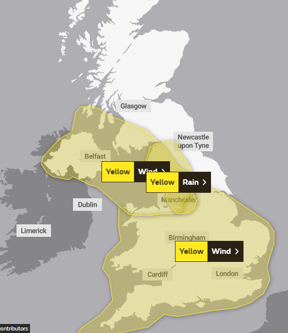 Two yellow wind warnings and a yellow rain alert are in place for Sunday across the UK