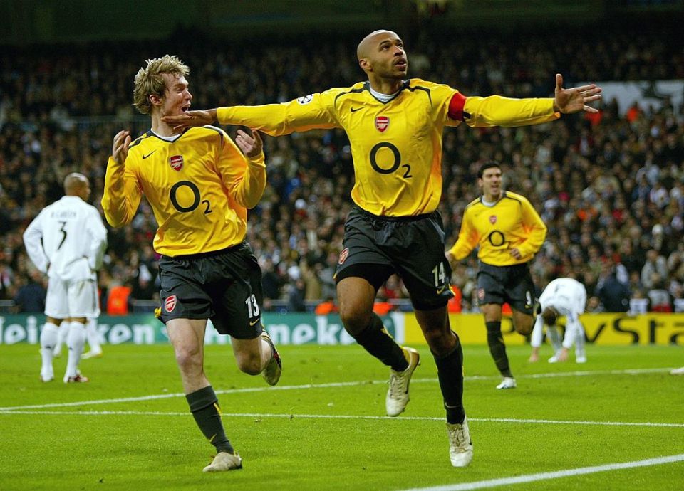 Thierry Henry celebrates scoring for Arsenal at the Bernabeu.