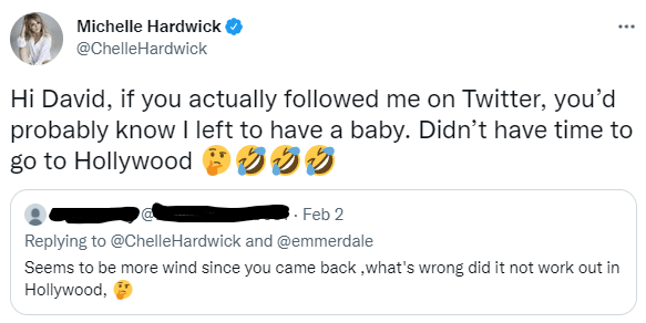 The soap star had to tell the troll she was on maternity leave and not trying to make it in Hollywood