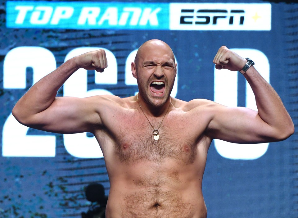 Tyson Fury posing during a ceremonial weigh-in in Las Vegas