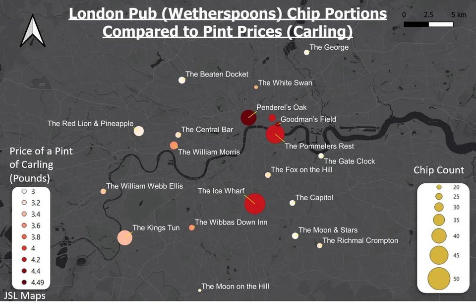 A Reddit user created the map to track the cheapest pints and biggest portions of chips