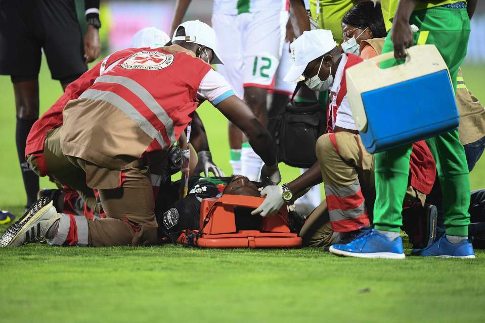 Burkina Faso goalkeeper Herve Koffi was taken off on a stretcher