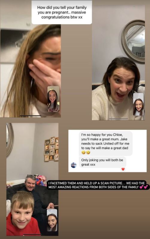 Chloe revealed on Instagram the moment she told mum Sue and dad Noel she was expecting her first baby