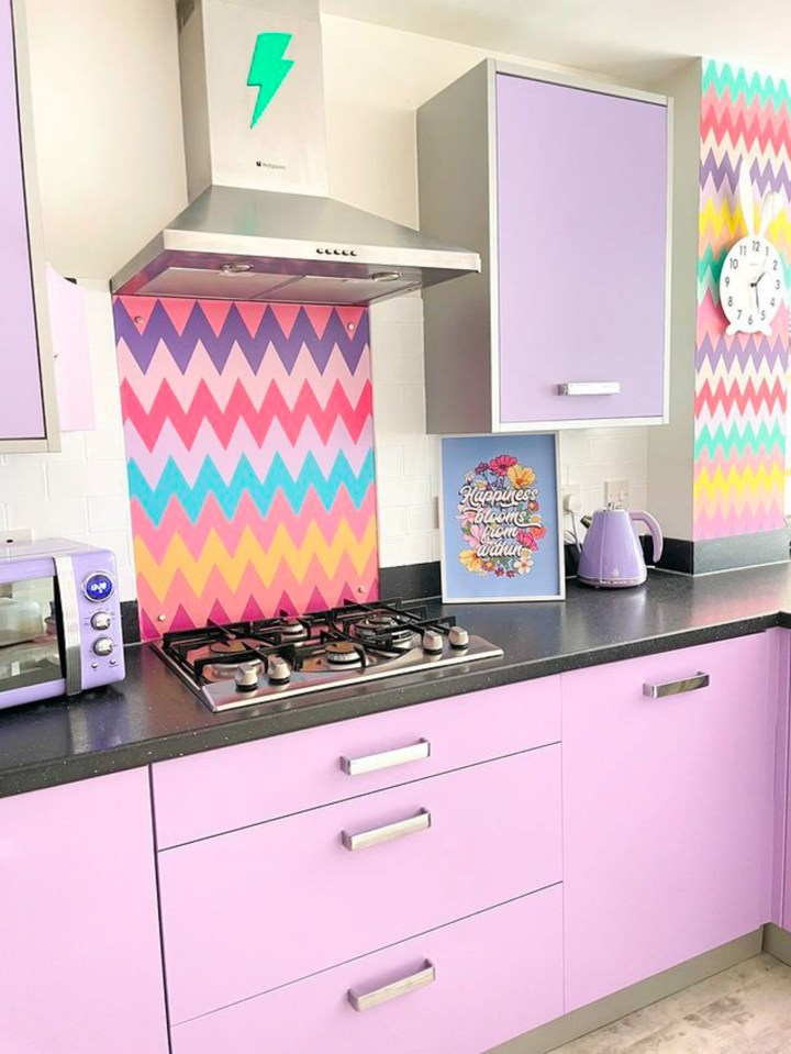 She has also changed her black gloss kitchen units to a bright lilac shade using vinyl stickers