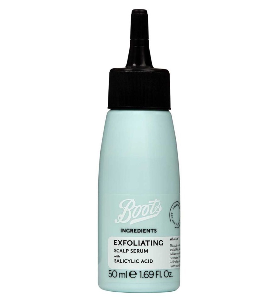 Boots Ingredients exfoliating scalp serum breaks down excess oil and leaves hair super-clean and volumised