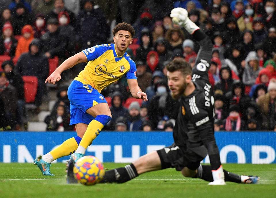 Che Adams scores the equaliser at Old Trafford three minutes into the second half