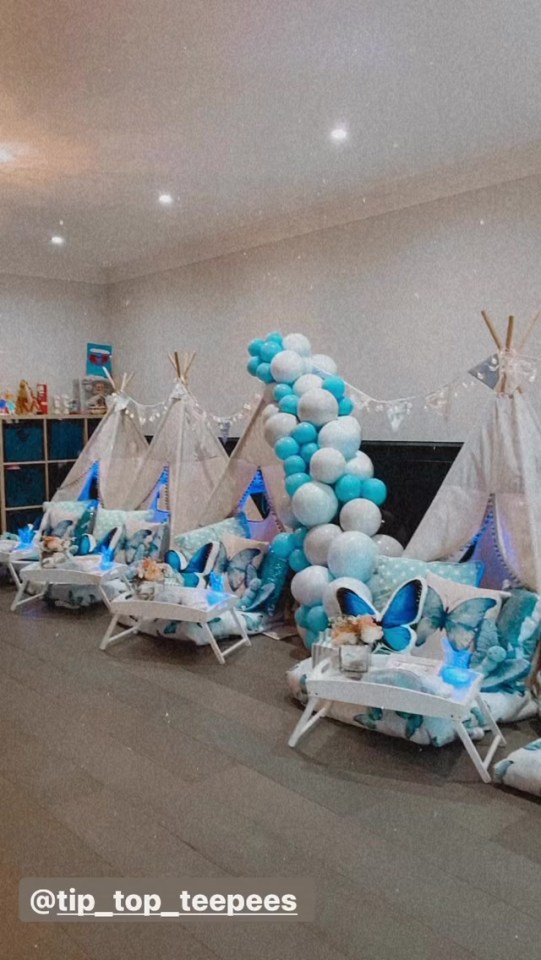 The butterfly-themed party saw tee-pees laid out for a sleepover