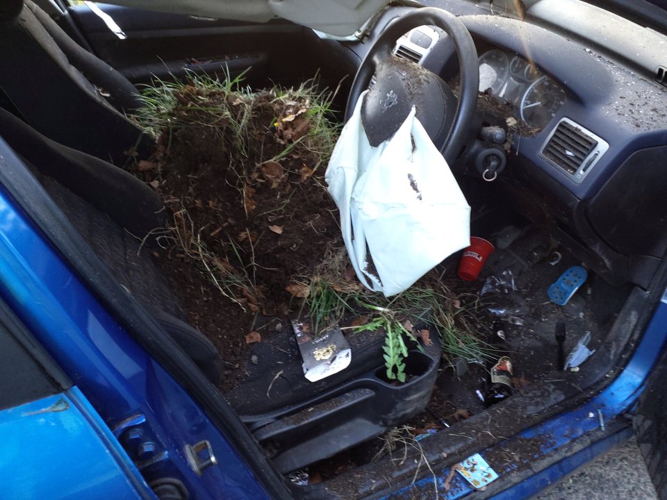 William's car was left covered in mud after he mounted a grass verge