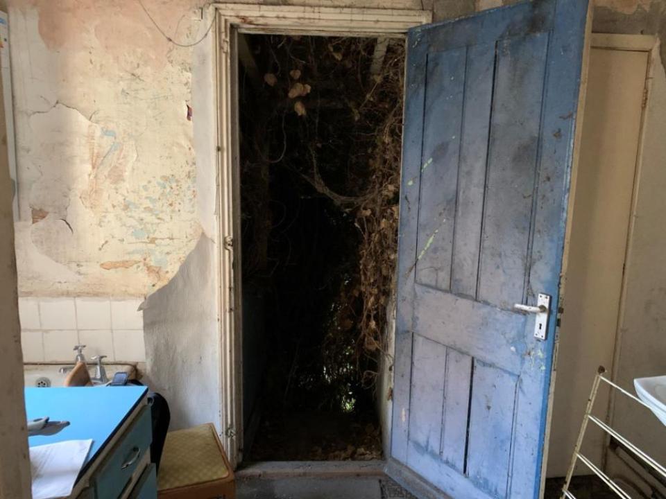 A rundown door that hides a filthy cupboard