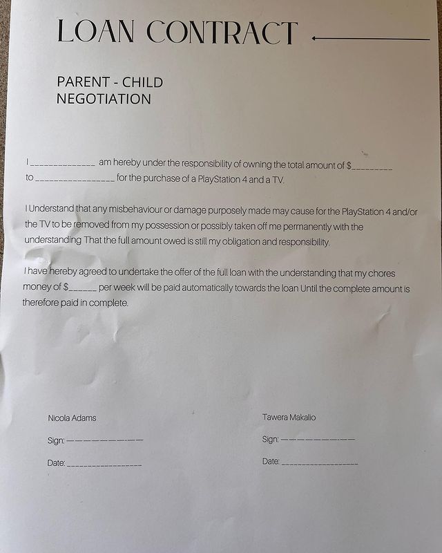 Nicole Adams shared a picture of the contract she drew up for her two sons