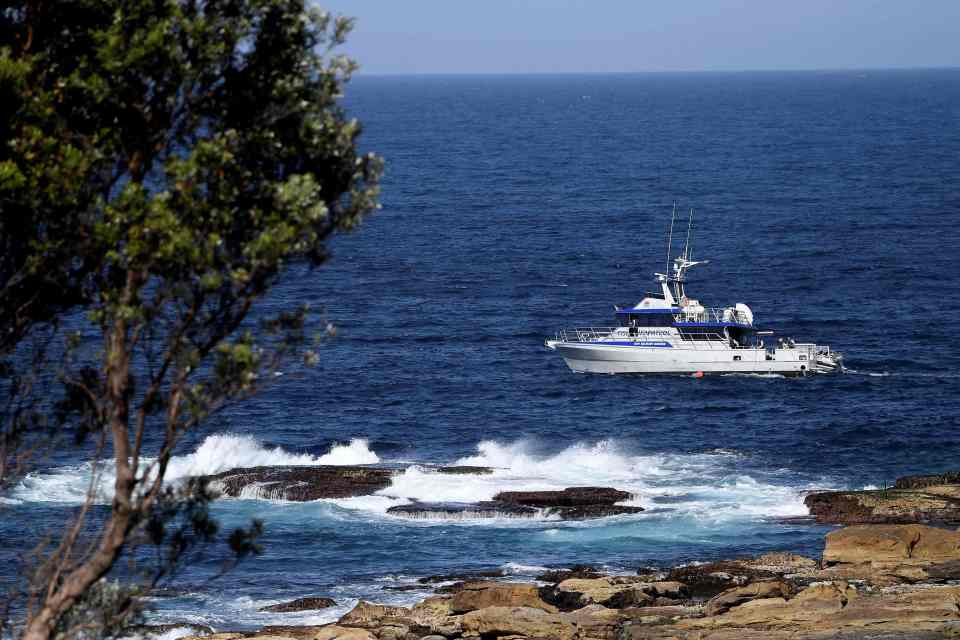 A fisheries boat patrols the site of a fatal shark attack off Little Bay Beach