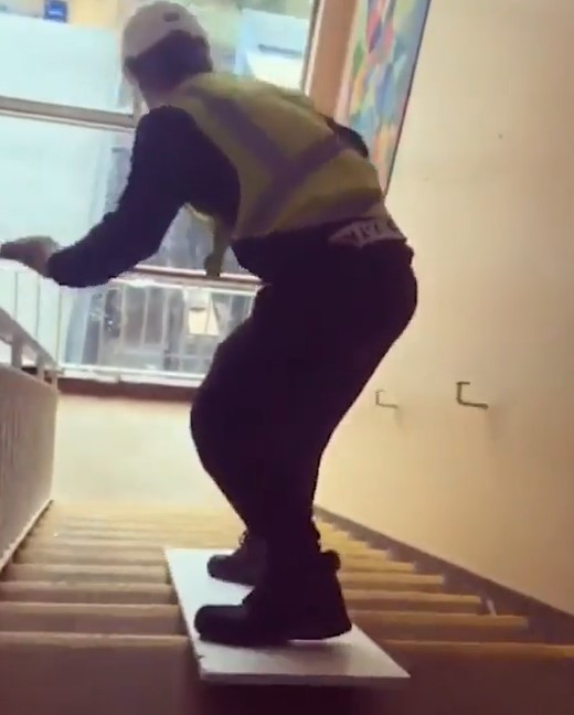 Footage on social media showed Christopher Clinton surfing down a flight of stairs