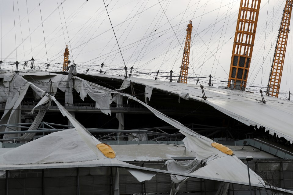 The roof was torn from the O2 in London during ferocious gales