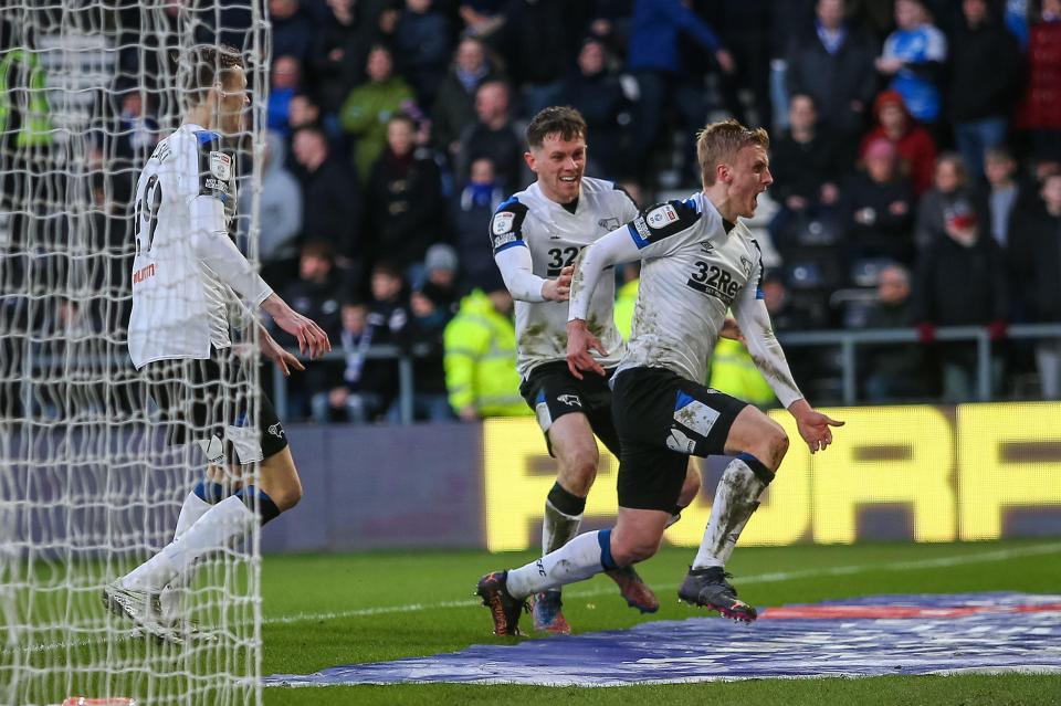 The Rams celebrate Louie Sibley's dramatic late winner