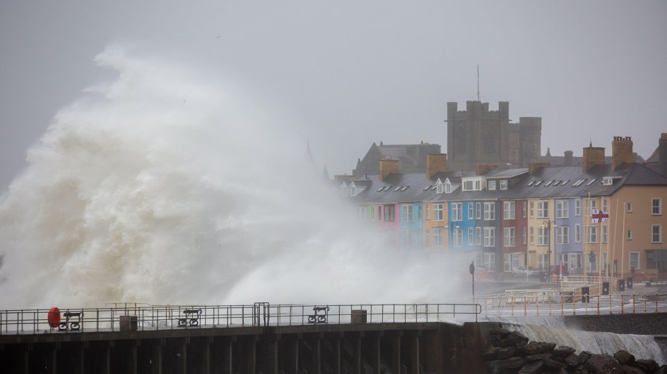 Wales has seen some of the worst weather. Huge waves lashed the shore at Aberystwyth this morning