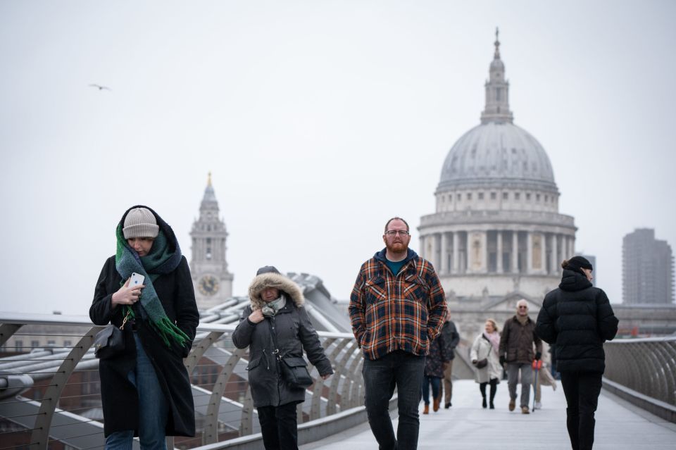 Londoners wrapped up as they crossed the Millennium Bridge