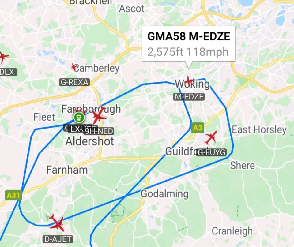 A flight tracker shows how the star’s plane was forced to turn around soon after take-off