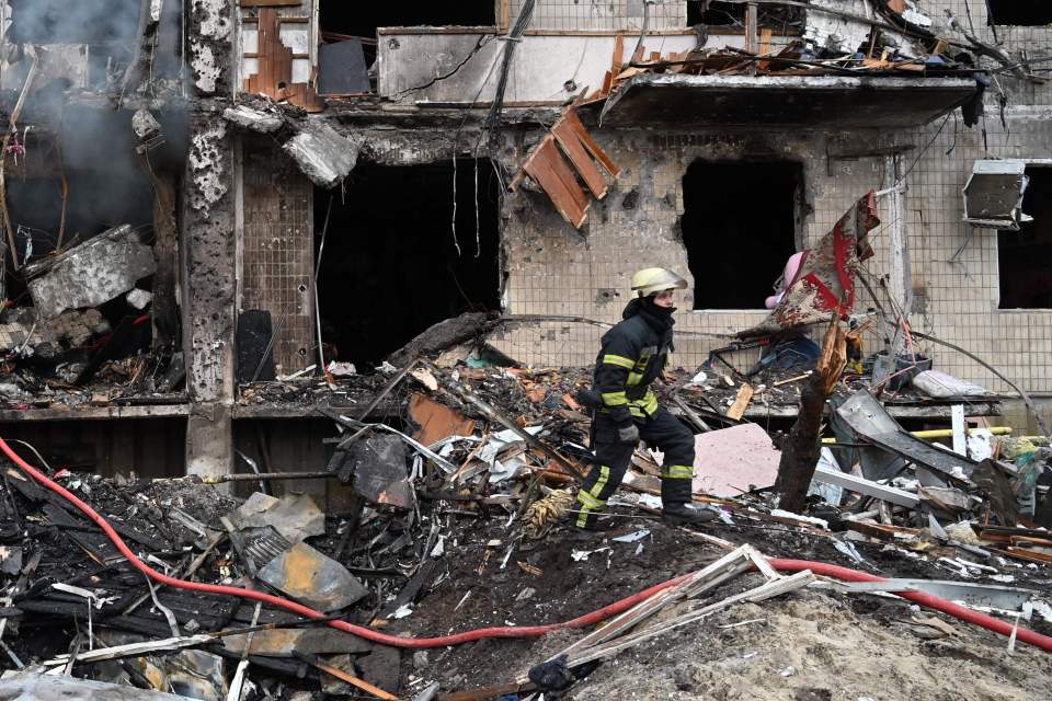 A damaged residential building at Koshytsa Street, a suburb of Kyiv