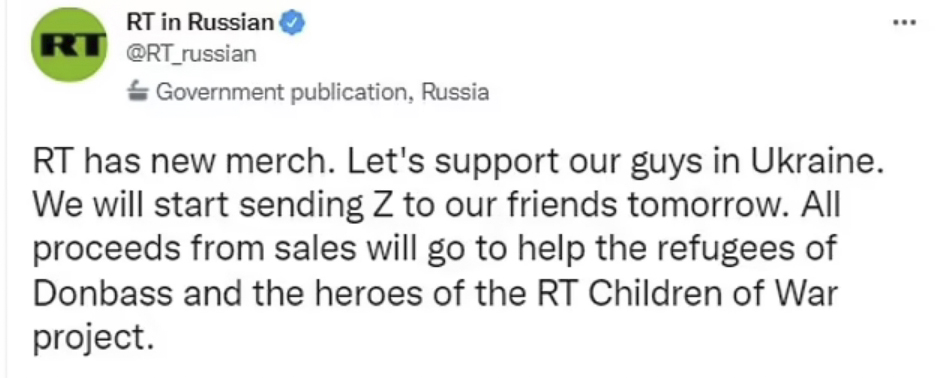 A tweet from the channel’s Russian language account promoting the merch was criticised