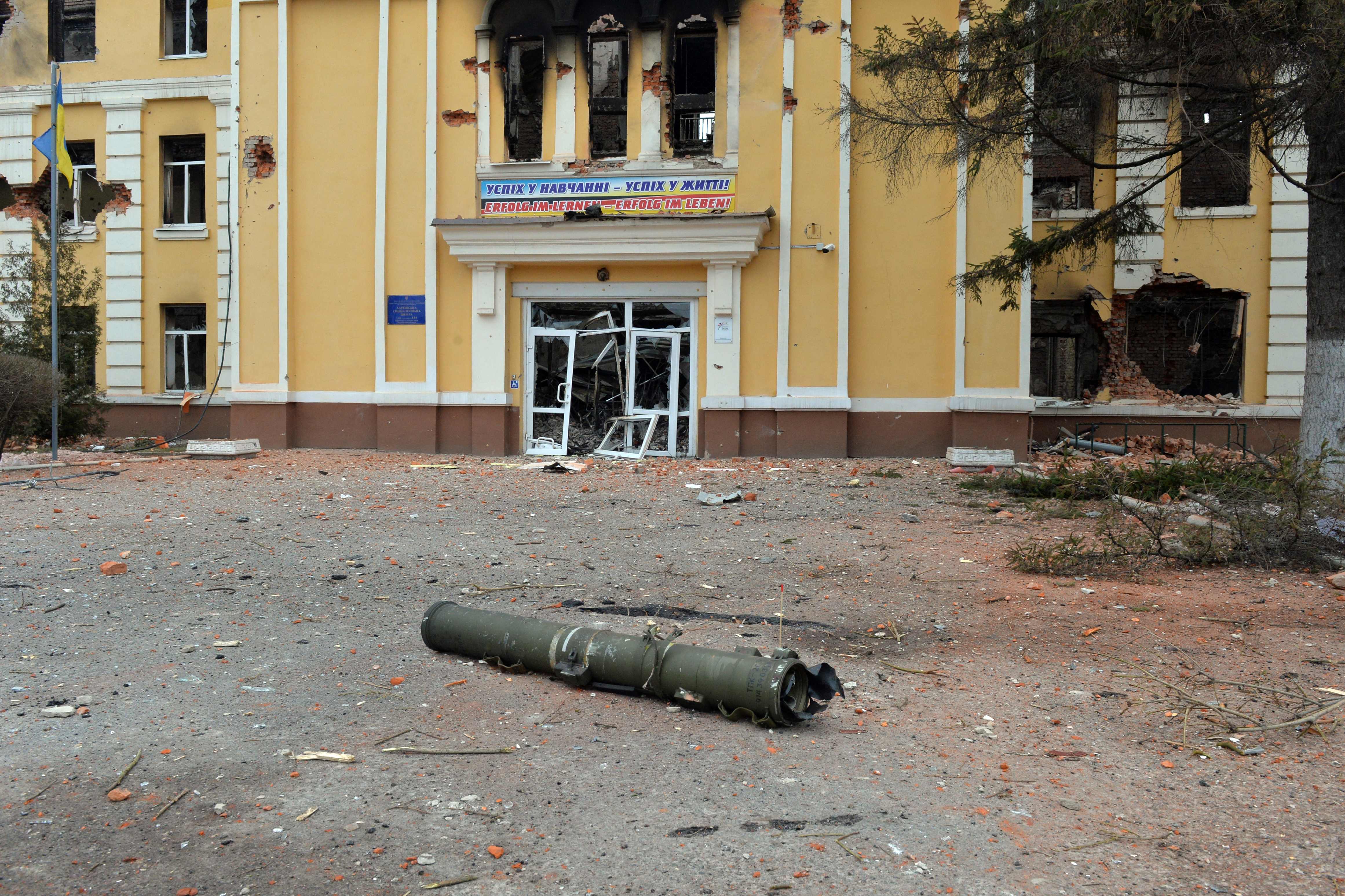 The remains of a rocket outside a school in Kharkiv