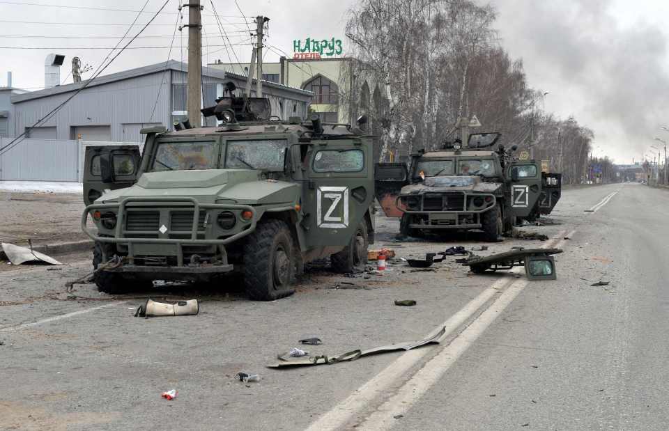 A convoy of Russian GAZ Tigr armoured vehicles destroyed in Kharkiv