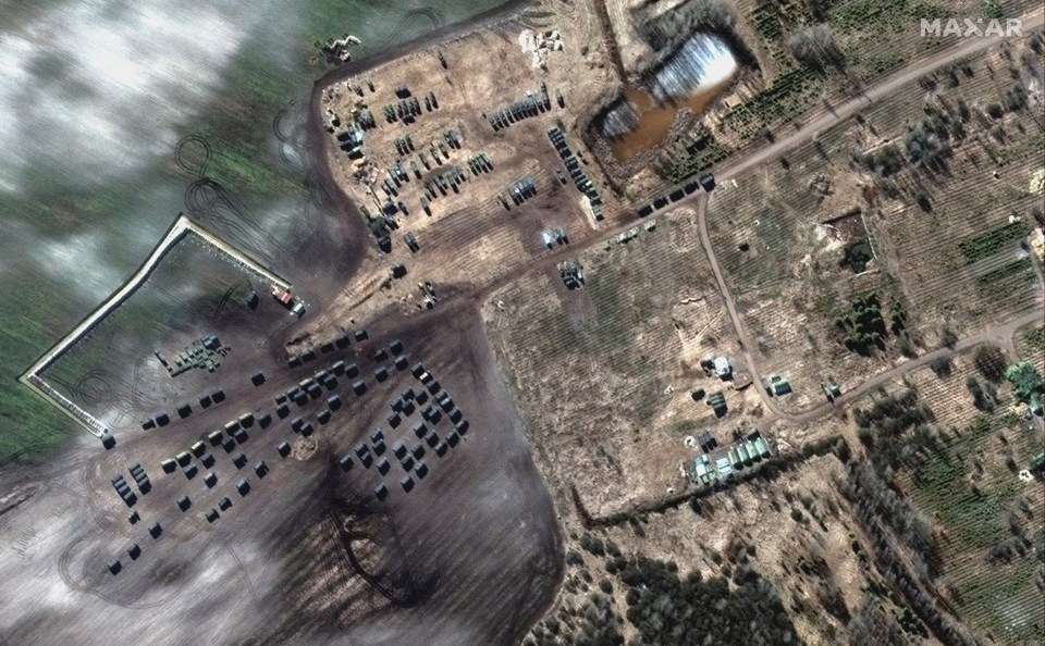 A satellite image shows forces massing in Khilchikha, Belarus