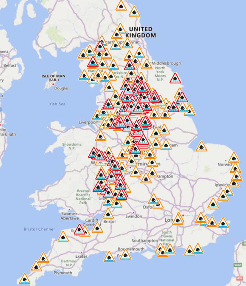 There are currently 317 flood warnings and alerts in place - including two which are deemed 'severe'