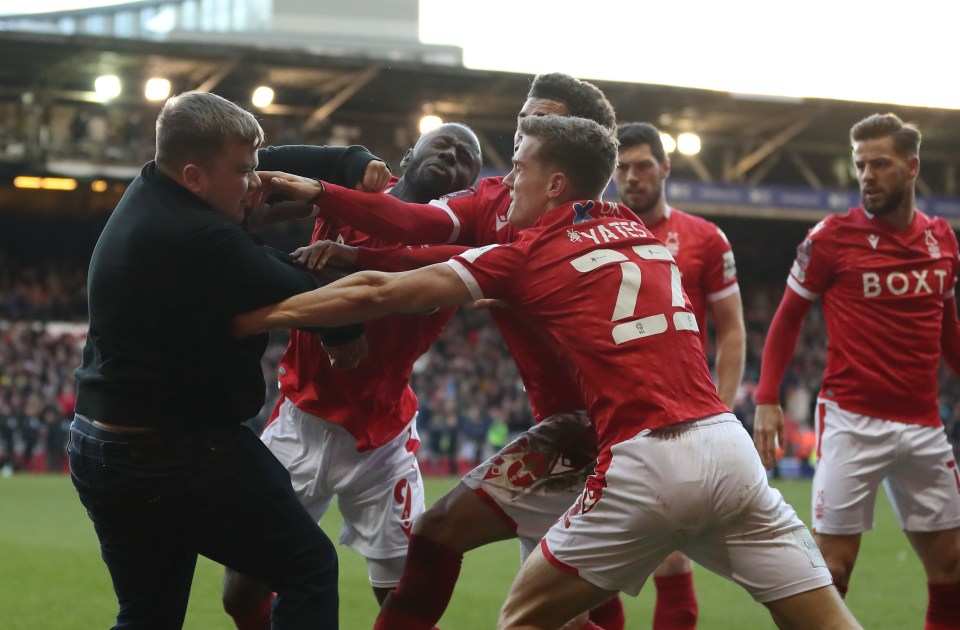 The shocking scenes occurred during Forest's 4-1 FA Cup win over Leicester