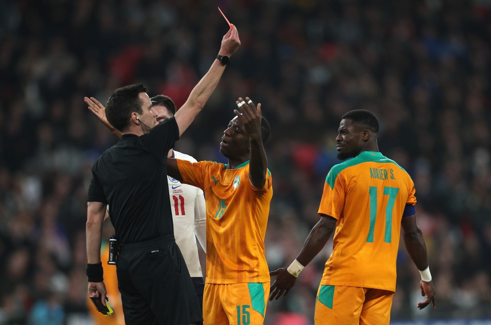 Former Tottenham right-back Serge Aurier was sent off in the 40th minute for a second yellow card