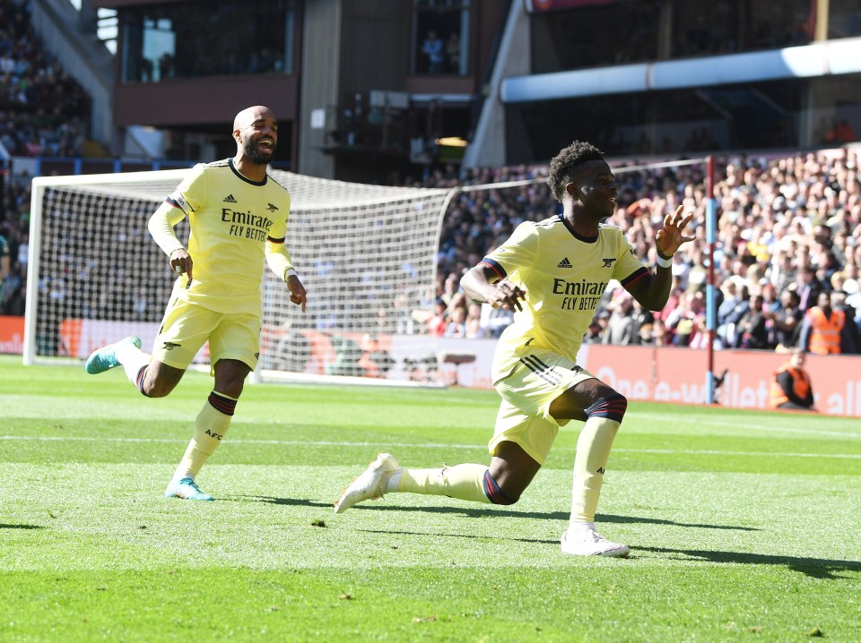 Bukayo Saka celebrates his winner against Aston Villa last weekend