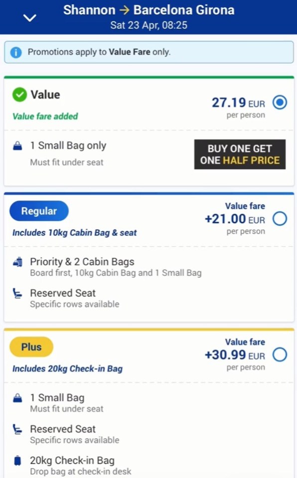 The first time she was given the option of adding a bag, she selected the cheapest one, which was €21