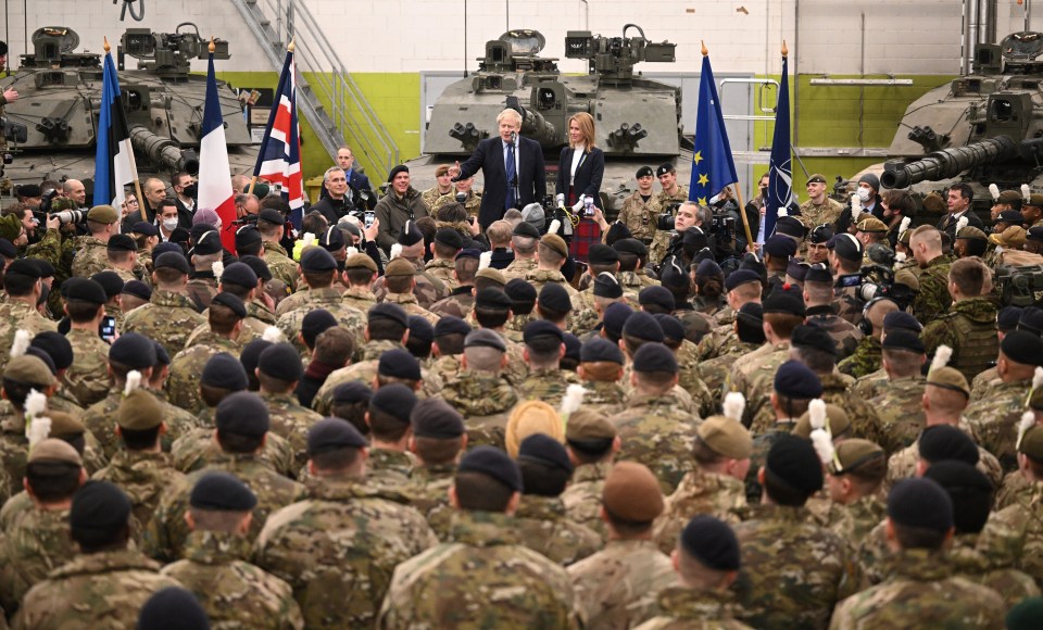 British Prime Minister Boris Johnson and Prime Minister of Estonia Kaja Kallas meet NATO troops