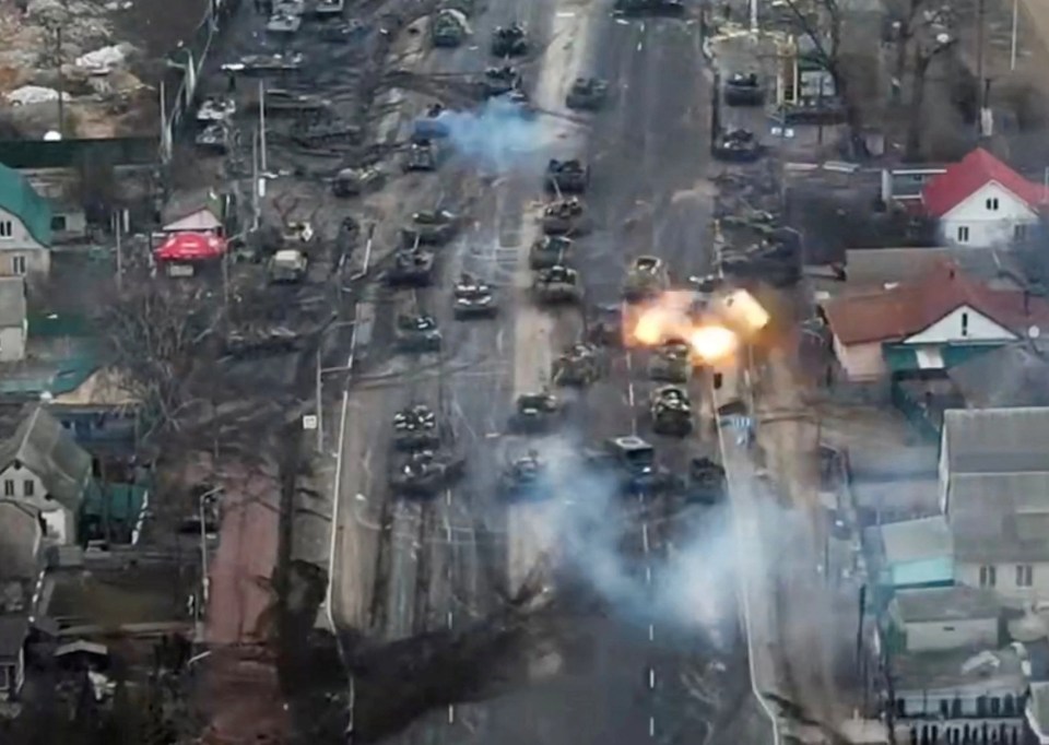 The column of Russian tanks coming under fire