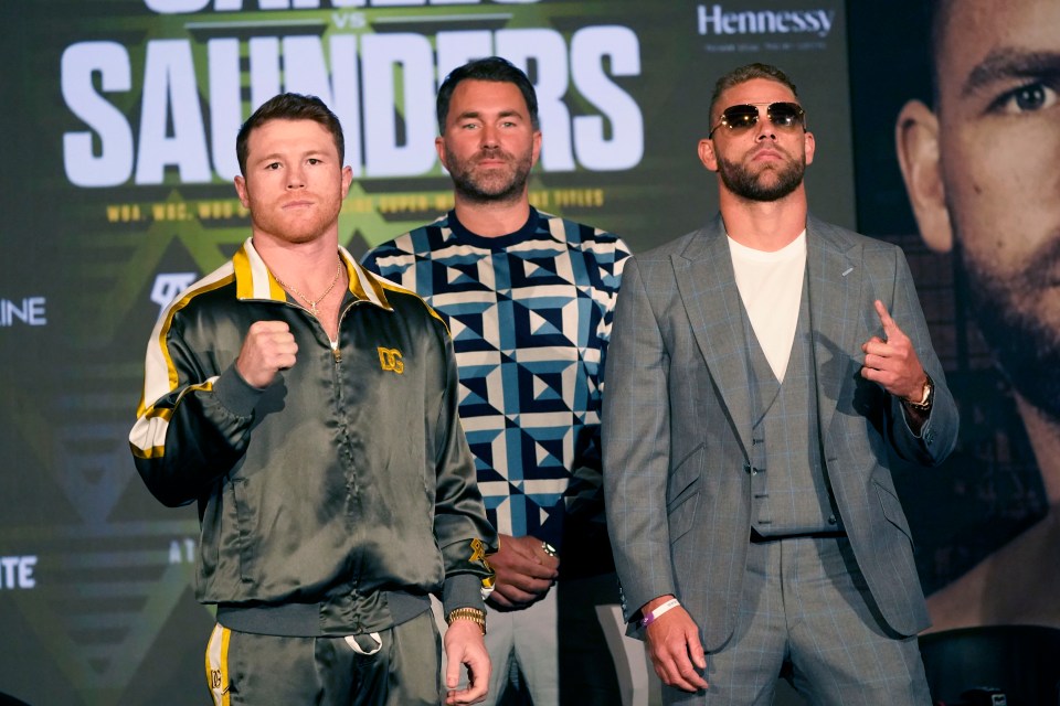 Canelo Alvarez pictured with Eddie Hearn and Billy Joe Saunders