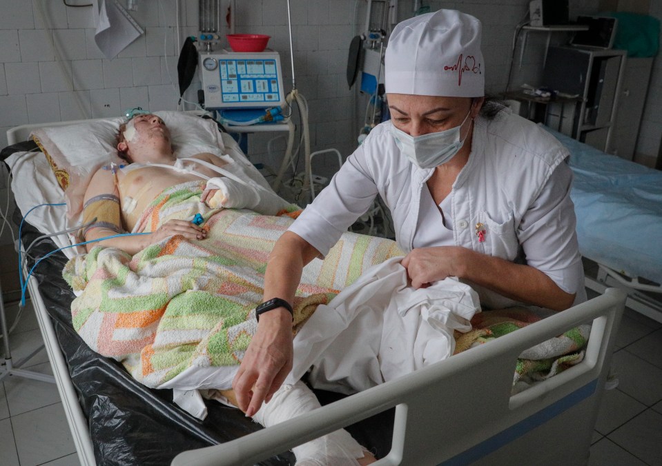 Ukrainian soldier receives hospital treatment after a Russian barrage