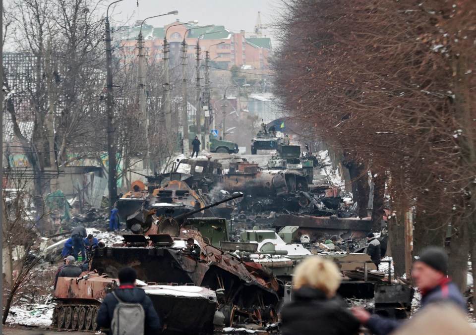 Photos show a totally charred Russian armour column which was destroyed in Bucha