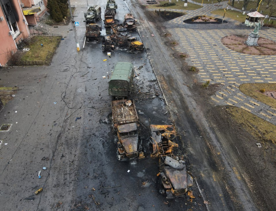 Russian trucks were blown up on a street in Borodyanka near Kyiv