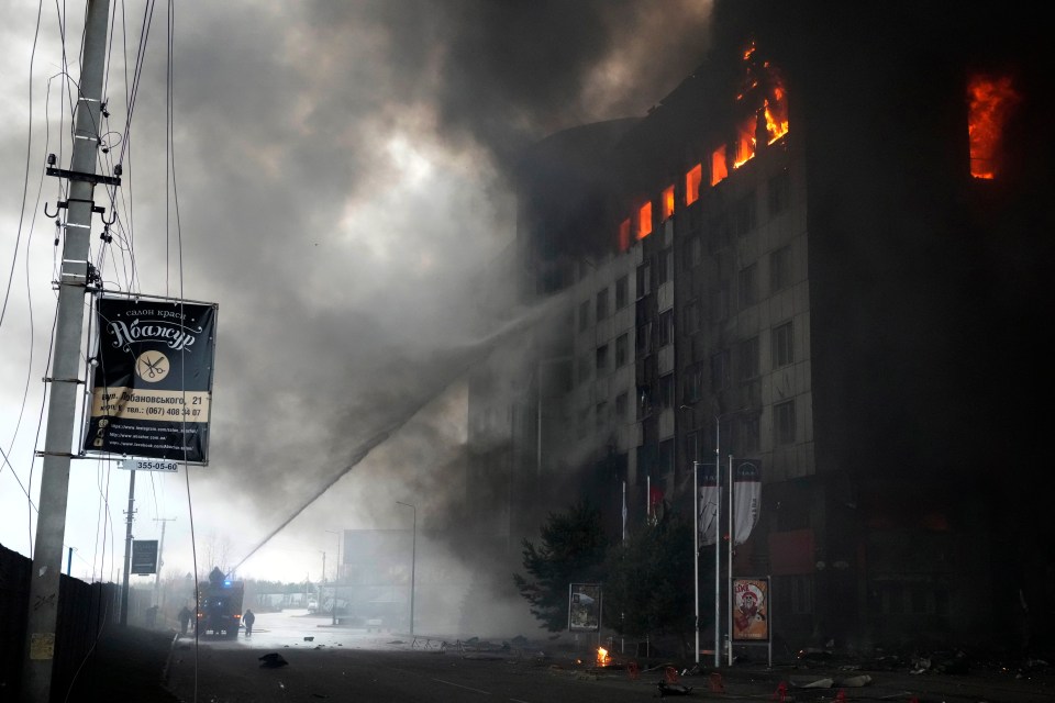 Arina’s mum Anna, 31, decided to flee the capital after filming Russian bombs raining down from their living room window (file photo of the aftermath of a bomb attack on Kyiv from Friday)