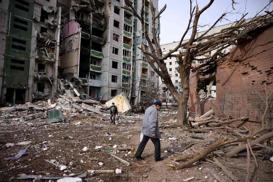 Flats in Chernihiv have been reduced to smouldering ruins after an alleged cluster bomb attack killed 47