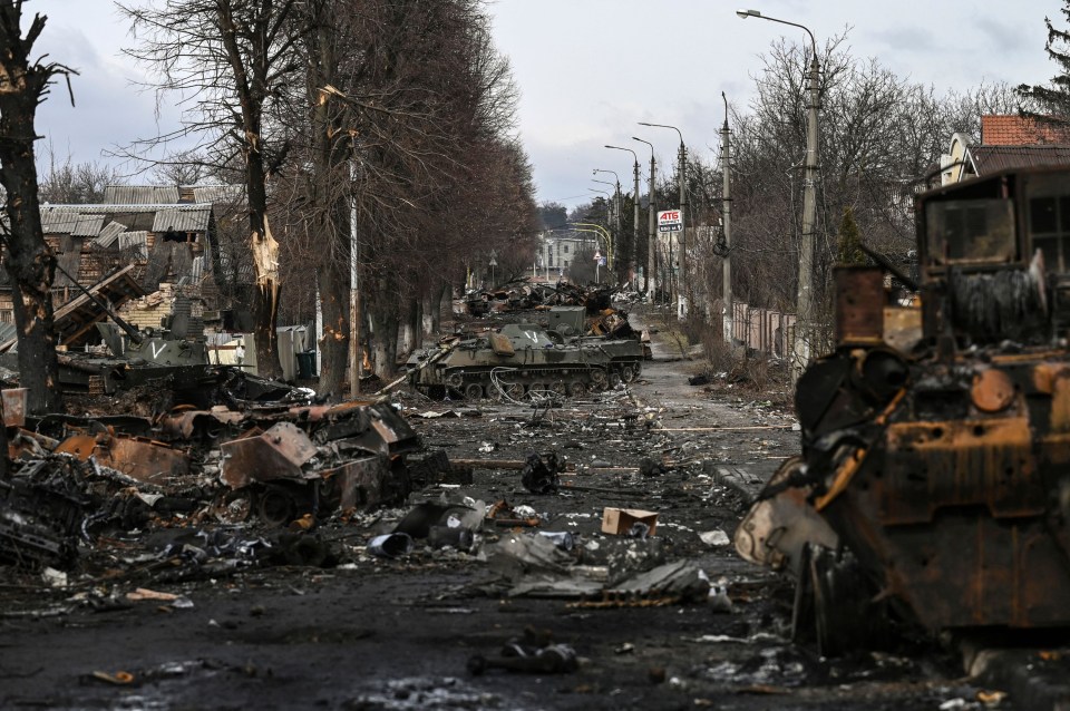 Destroyed and burnt out Russian armored vehicles in the city of Bucha, west of Kyiv