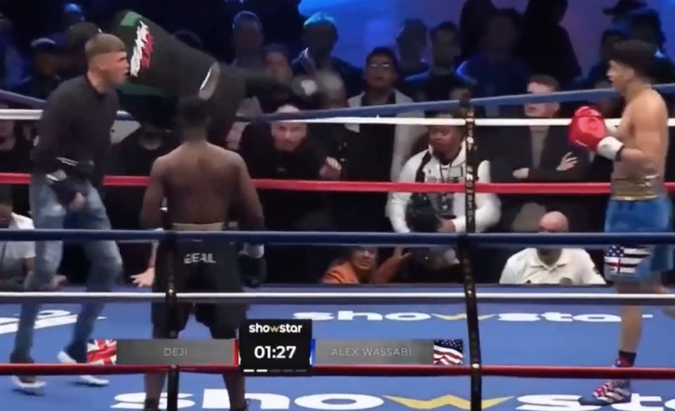 This is the moment a fan invaded the ring during Deji and Alex Wassabi’s boxing fight