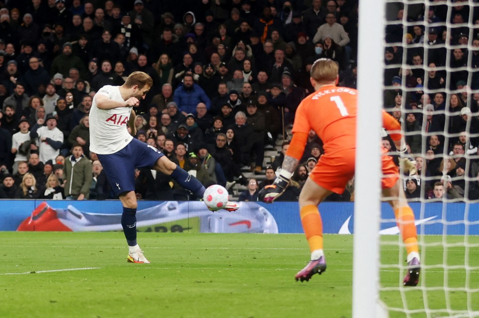 Harry Kane fires a brilliant volley beyond Jordan Pickford as Spurs thrashed Everton 5-0