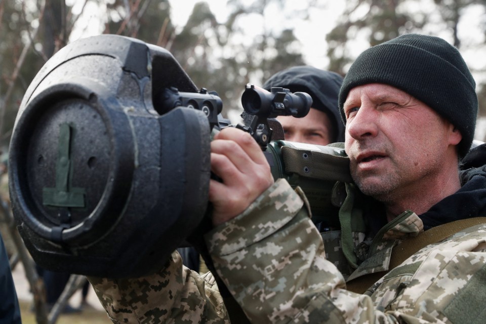 A member of Ukraine's Territorial Defence Forces trains to operate an NLAW anti-tank launcher