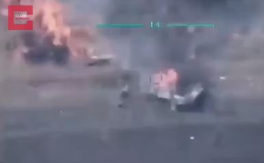 The Russian tanks were seen on fire following the drone hit