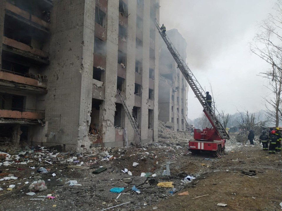 A residential building burnt out following an airstrike in Chernihiv, where 53 people were killed just on Wednesday