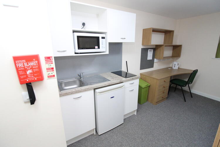 The kitchen comes complete with a fridge, two-ring electric hob and microwave